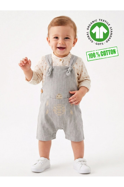 Kids Kingdom Cotton Turtle Detailed Pocketed Jumpsuit Salopet 2-Piece Baby Bo...
