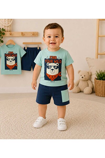 krm kerem bebe Baby Boy Find Your Wild Teddy Bear Printed Cotton Top and Bott...