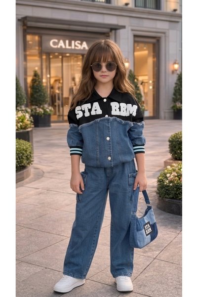CALİSA Kız Çocuk Premium Denim Kargo Cepli İkili Takım | Oversize Kot Takım