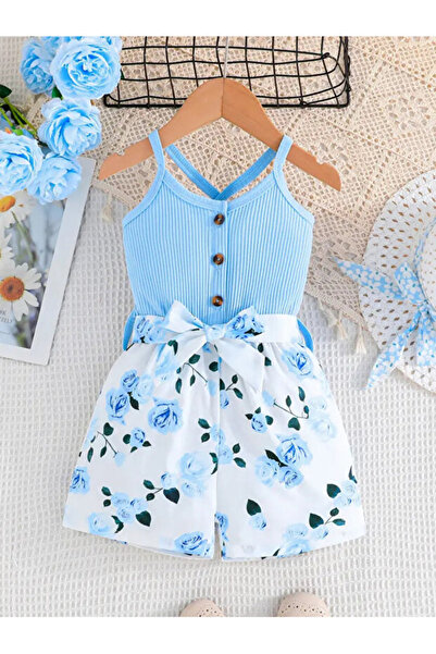 egolika kids Girl's Blue Floral Patterned Jumpsuit with Straps Summer Shorts ...