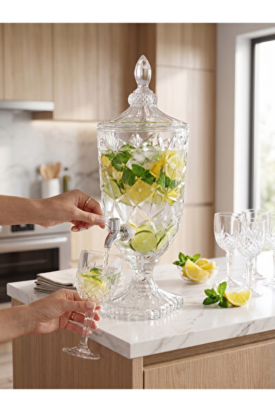 DS Home&Design 3 Litre Kristal Kesim Musluklu Cam Sebil