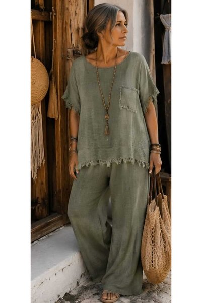 Budan Export Women's Linen Tassel Detailed Crew Neck Casual Oversize Summer Blouse with Pockets