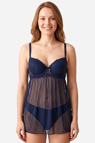 hadiora Lacivert Premium Tül Detaylı Babydoll - Modern Kesim, Dolgulu Zarif F...