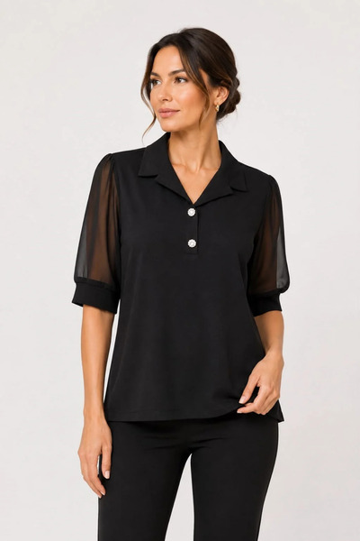 Mutlu Ertan Women's Sleeves Chiffon Detailed Handkerchief Collar Women's Blou...