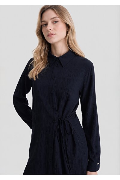 axy Women's Navy Blue Lace-Up Seersucker Textured Shirt Oversize Relaxed Fit ...