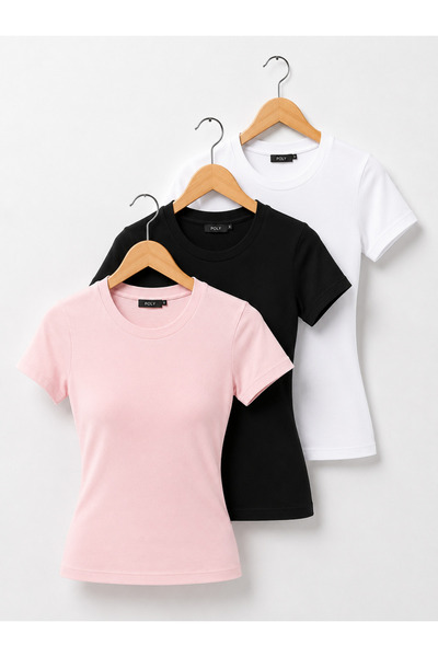 POLYMOOD Set of 3 95% Cotton Body-Fitting Full Length Slim Fit Lycra Blouse-T...