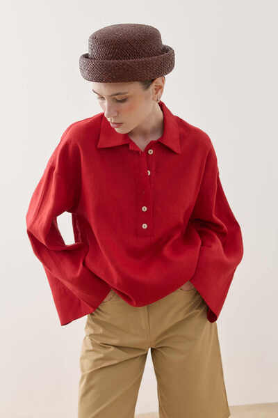 Fahhar Patched Linen Shirt Red