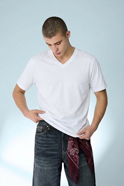DAMGA JEANS Men's Straight Fit White V-Neck T-Shirt