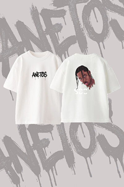 Anetos Travis Scott_21 Dizajn T-shirt majica sa širokim izrezom i printom, bela
