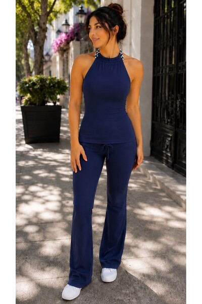 Siner Fashion Ženska bluza bez leđa sa halter ovratnikom i perlama