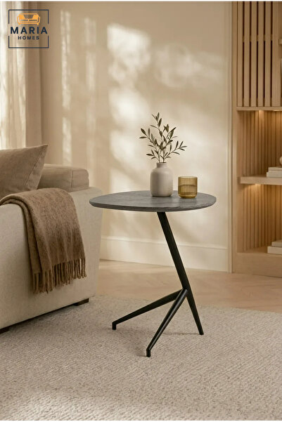 MARIA HOMES Modern Accent Side Table with Stone-Effect Top & Geometric Base, ...