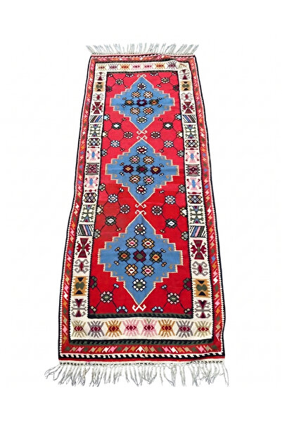 Taşhan Çarşı Otantik El Dokuması Göçmen Kilimi - 97x197 cm Mavi Baklava Desen...