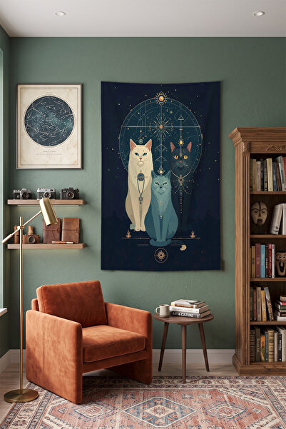 Milura Mistik Üç Kedi Temalı Duvar Örtüsü – Modern Dekoratif Kaliteli Kumaş T...