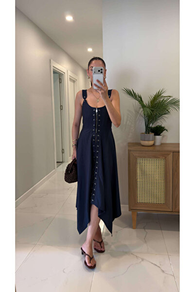 BİRCANÇİL Astla Navy Blue Asymmetrical Cut Dress
