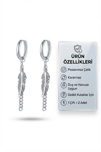 Blisse Piercing Unisex Gümüş Renk Çelik Halka Küpe Zincirli Tüy Sallantılı