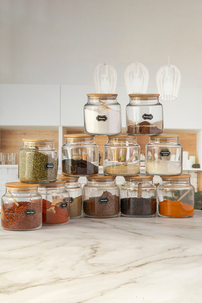 Empressco 12-Piece Bamboo Spice Container Set with Lids, Spoons, and Labels, ...