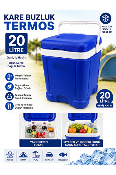 GÜZELYÜZ AVM Kare Buzluk Termos 20 Litre Taşıma Kulplu Piknik Kamp Araba Seya...