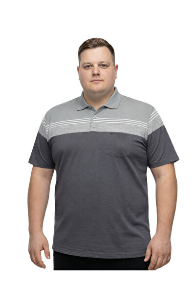 BattalModa Men's Large Size Melange Smoked Polo Collar Short Sleeve Stream T-...