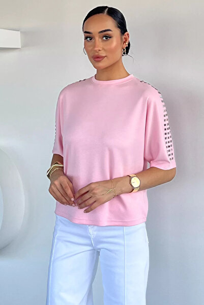 Aryena Pink Women's Oversize Blouse with Metal Stones on the Shoulders