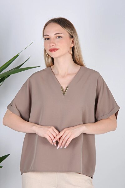 Veni Life Women's V-Neck Draped Woven Blouse with Accessory Detail