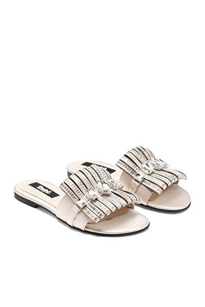 Dedos Women's Special Stone Embroidered Round Toe Luxury Satin Slippers 5001