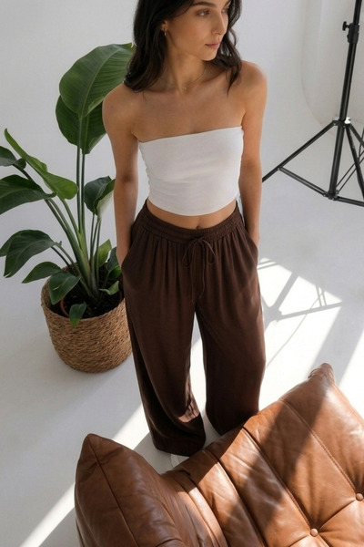 Nika Fashion Kadın Sandy Kumaş Beli Lastikli Kahverengi Şalvar Pantolon