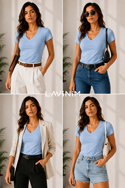 LAVİNİM Kadın V Yaka Ultra Soft Pamuk V Body Slim Tişört