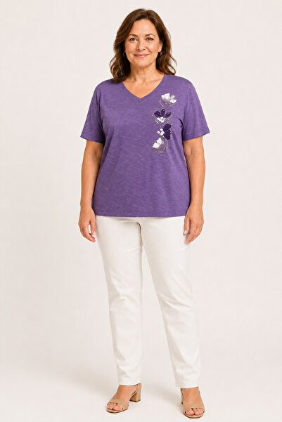 bihan store Women's V-Neck Floral Embroidered T-Shirt Y26-602-Lilac