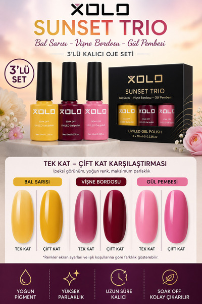 xolo Sunset Trio 3’lü Kalıcı Oje Seti Bal Sarısı Vişne Bordosu Gül Pembesi UV...