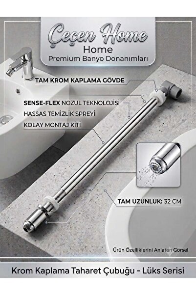 ÇEÇEN HOME Lüks Krom Kaplama Taharet Çubuğu 32 cm - Paslanmaz Klozet Taharet ...