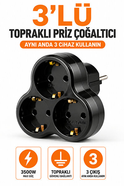 Alıç 3'lü Topraklı Priz Çoğaltıcı 3500W Max Güç Schuko Fişli Çoklayıcı Ev Ofi...