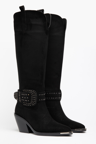 DENORA Black Matte Suede Big Buckle Trok Detail Western Cowboy Knee-High Boots