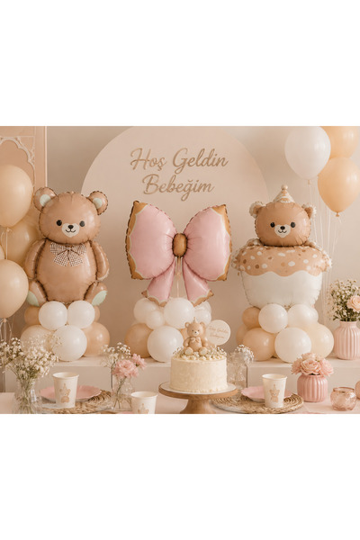 Dizayn Parti Evi Evi Ayıcık ve Fiyonk Folyo Balon Seti 3'lü | Teddy Bear Tema...