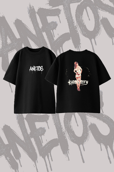 Anetos Katy Perry_2 Design Printed Oversize Crew Neck T-Shirt Black