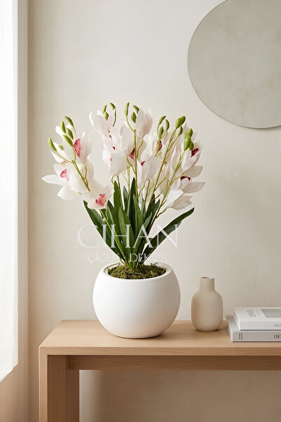 Cihan Çiçekçilik Premium White Artificial Orchid Arrangement 45 cm 27*33 Pot