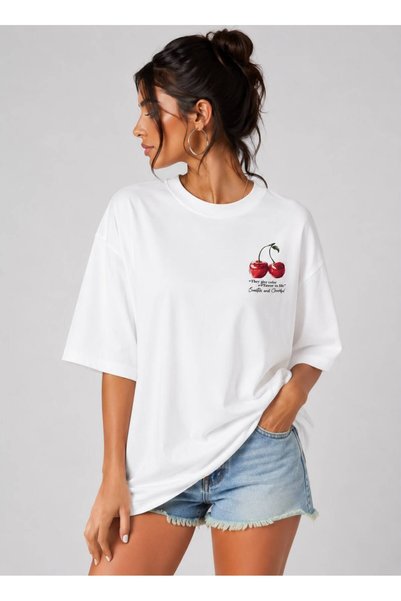 khufu White Oversize Fit Cotton Cherry Cherry Back Print Relaxed Cut Unisex T-Shirt