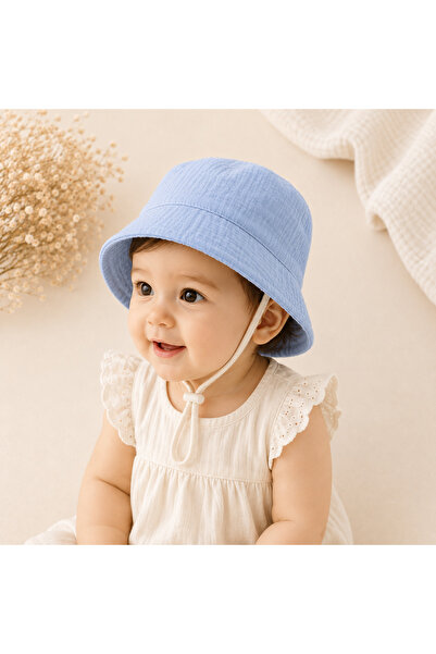 Minimissbaby قبعة أطفال من الموسلين باللون الأزرق بطبقتين للجنسين