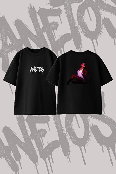 Anetos Ariana Grande_6 Design Printed Oversize Crew Neck T-Shirt Black