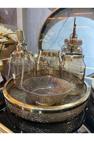 KARCILAR HOME STORE pirinç banyo seti bal rengi çatlatılmış cam