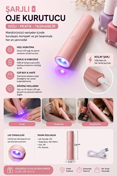 gaman UV Mini Oje Jel Kurutucu Taşınabilir Şarjlı 60-120 Saniye zaman ayarlı ...