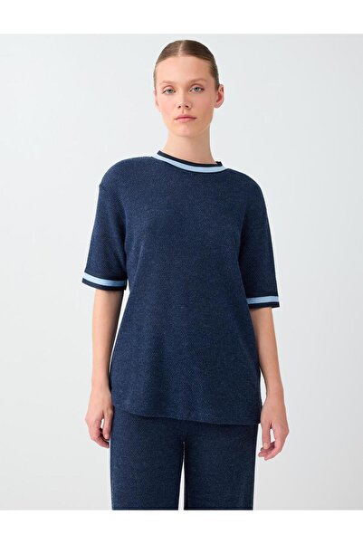 Jimmy Key Navy Blue Stripe Detailed Crew Neck Elbow Sleeve Knitted Blouse