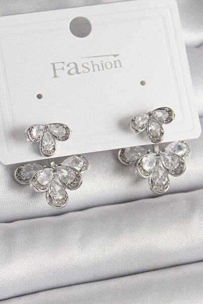 ARMÜZ Brass Silver Color Zircon Stone Drop Model Women's Earrings