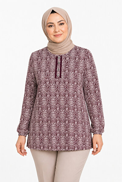 Mutlu City Women's Round Neck Patterned Combed Cotton Blouse for Middle-Aged ...