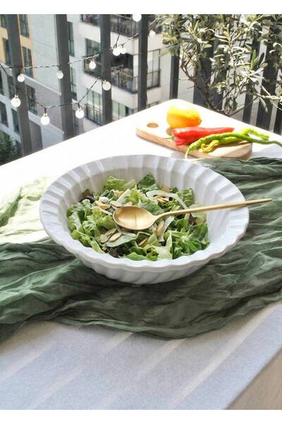 Qualitev 1 Piece Ceramic Oyster Patterned White Salad Bowl 27 cm Large Salad ...