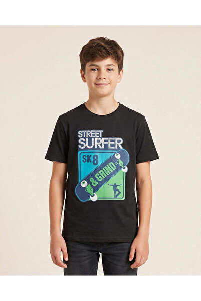 REDTAG Senior Boys Black Street Surfer Graphic T-Shirt