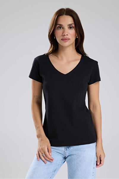 tw3 Women's V-Neck Knitted Fabric Basic T-Shirt