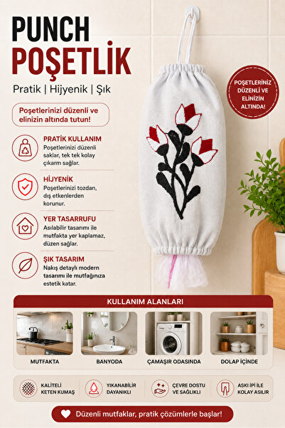 SEVMİŞ HOME Poşetlik Punch Nakışlı Keten Askılı Mutfak Poşet Düzenleyici Orga...