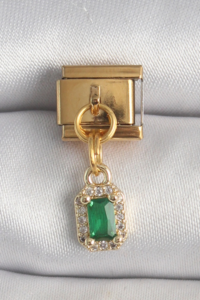 ARMÜZ 316L Steel Gold Color Hanging Square Green Zircon Stone Nomination Charm