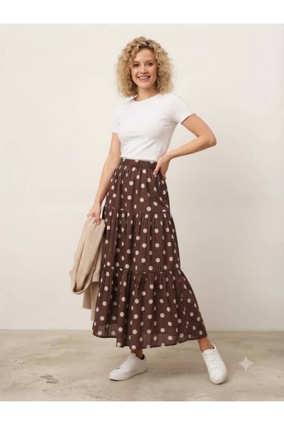 520CK Women's Poplin Fabric Polka Dot Skirt with Ruffles - Long Skirt - Hijab Skirt
