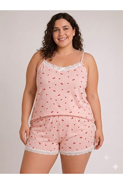 allure underwear Pink Cherry Patterned Oversized Shorts Set